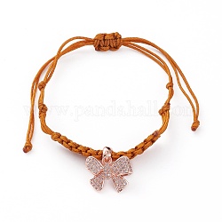 Adjustable Nylon Cord Braided Bead Bracelets, with Rose Glod Plated Brass Micro Pave Clear Cubic Zirconia European Dangle Charms, Bowknot, Chocolate, Inner Diameter: 1-1/8~3-3/8 inch(3~8.5cm)