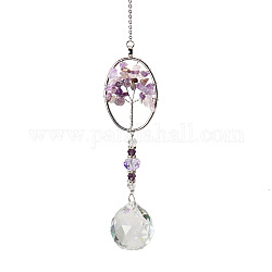 K9 cristal verre grand pendentif décorations, capteurs de soleil suspendus, avec des perles de puces améthyste, ovale avec arbre de vie, indigo, 380mm