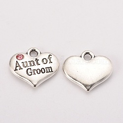 Antique Silver Tone Tibetan Style Heart with Aunt of Groom Rhinestone Charms, Wedding Theme, Light Rose, 14x16x3mm, Hole: 2mm