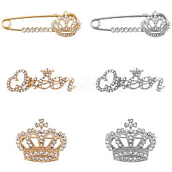 CHGCRAFT 6Pcs 6 Style Crystal Rhinestone Crown Safty Pin Brooch, Alloy Lapel Pin for Backpack Clothes, Platinum & Golden, 16~30.5x35~63x8.5~9.5mm, Pin: 0.7~1.5mm, 1pc/style