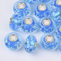 Perles européennes vernissées manuelles, Perles avec un grand trou   , avec des noyaux simples plaqués couleur argent en laiton, lumineux, rondelle, Dodger bleu, 14x7.5mm, Trou: 4mm