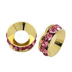 Perles séparateurs en laiton avec strass, Grade a, rondelle, métal couleur or, rose, 9x4mm, Trou: 4mm