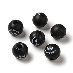 Perles européennes en bois rondes imprimées, thème halloween perles à gros trous, visage de monstre, noir, 16mm, Trou: 4mm