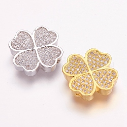 Brass Micro Pave Cubic Zirconia Beads, Clover, Clear, Mixed Color, 15x15x3.5mm, Hole: 2x1.5mm