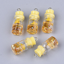 Glass Bottle Pendant Decorations, with Resin Rhinestone & Stopper, Dried Flower and Iron Findings, Platinum, Yellow, 26~27x9.5~10mm, Hole: 1.8mm