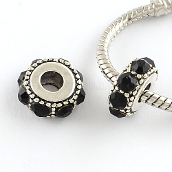 Plaqué argent antique plat rond en alliage strass perles européennes, Perles avec un grand trou   , jet, 14~15x6~7mm, Trou: 5mm