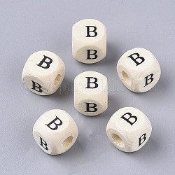 Perle di legno naturale stampate, foro orizzontale, cubo con lettera iniziale, papayawhip, letter.b, 10x10x10mm, Foro: 3.5 mm, circa 1000pcs/500g