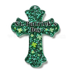 Pendentifs acryliques sur le thème de la Saint Patrick, avec de la poudre de paillettes, croix, 39x30x2mm, Trou: 1.6mm