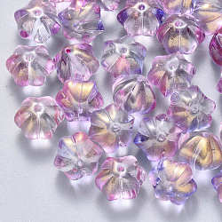 Zweifarbige transparente sprühlackierte Glasperlen, mit Glitzerpulver, Blume, Flieder, 10.5x9.5x8 mm, Bohrung: 1 mm