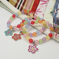 Charm Bracelets, Fashion Frosted Transparent Acrylic Bracelets for Kids, with Enameled Alloy Charms and Elastic Thread, Mixed Color, 45mm