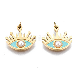 316 Surgical Stainless Steel Enamel Charms, with Jump Rings and ABS Plastic Imitation Pearl Bead, Real 14K Gold Plated, Eye, Pale Turquoise, 11x12x1mm, Jump Ring: 2.7x0.4m, 1.9mm inner diameter