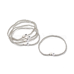 Bracelet extensible perles cœur et lettres aléatoires pour adolescente femme, bracelet perles acrylique et laiton, couleur d'argent, diamètre intérieur: 2-1/4 pouce (5.6 cm)