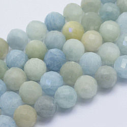 Chapelets de perles en aigue-marine naturelle, ronde à facettes, Grade a, 10mm, Trou: 1mm, Environ 40 pcs/chapelet, 15.7 pouce (40 cm)