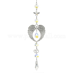 Glass Cone & Alloy Wing Big Pendant Decorations, with Glass Beads and 304 Stainless Steel Cable Chains, for Home Decorations, Antique Silver, 360mm