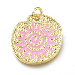 Real 18K Gold Plated Brass Enamel Pendants, Long-Lasting Plated, with Jump Rings, Lead Free & Cadmium Free, Flat Round with Sun, Pink, 23x22.5x2.5mm, Jump Ring: 6x1mm, Inner Diameter: 4mm