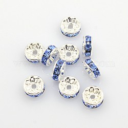 Brass Rhinestone Spacer Beads, Grade A, Silver Color Plated, Rondelle, Light Blue, Size: about 8mm in diameter, 3.5mm thick, hole: 2mm