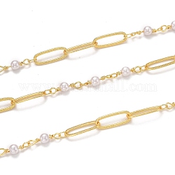 3.28 Fuß handgefertigte Messing-Büroklammerketten, mit Acryl Nachahmung Perlen, langlebig plattiert, gelötet, golden, Verbinder: 14.5x5.3x0.8 mm und 12x4 mm
