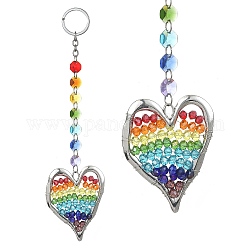 Porte-clés pendentif coeur en perles de verre et alliage, avec maillon octogonal en verre et porte-clés fendus en alliage, colorées, 27.4 cm