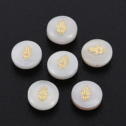 Perles de coquillages naturels d'eau douce, avec des ornements en métal en laiton doré, plat rond avec la main, couleur de coquillage, 8x3.5mm, Trou: 0.7mm