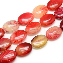 Natural Striped Agate/Banded Agate Oval Bead Strands, Dyed, Crimson, 25x18x7mm, Hole: 2mm, about 16pcs/strand, 15.74 inch