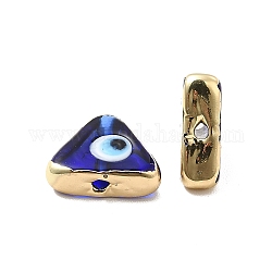Perles en laiton émaillé, Plaqué longue durée, véritable 18k plaqué or, triangle avec motif mauvais œil, bleu, 10~11.5x13~13.5x4~5mm, Trou: 1.6~1.8mm