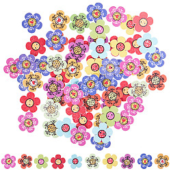 2-Hoyo botones de madera impresos, flor, color mezclado, 19.5x20x2.6mm, agujero: 1.4 mm, aproximamente 50 unidades / bolsa
