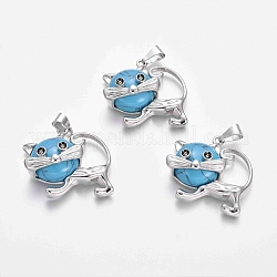 Synthetic Turquoise Kitten Pendants, with Platinum Tone Brass Findings, Cartoon Cat Shape, 28x30x9mm, Hole: 5x7mm