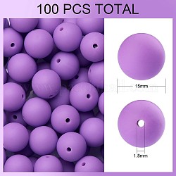100 pièces perles de silicone perles rondes en caoutchouc 15mm perles d'espacement en vrac pour fournitures de bricolage bijoux fabrication de porte-clés, support violet, 15mm