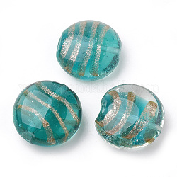 Perles vernissées de sable d'or manuelles , plat rond, vert de mer clair, 19~20x20~20.5x10~11mm, Trou: 1~1.5mm