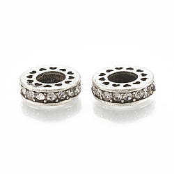 Alloy European Beads, Large Hole Beads, with Rhinestone, Flat Round, Antique Silver, Crystal, 11x3.5mm, Hole: 5mm