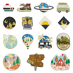 15Pcs 15 Style Airplane & Rhombus & Boat & Bus & Word Enamel Pin, Light Gold Alloy Word Explore Brooch for Backpack Clothes, Mixed Color, 17.5~32x22~34mm, Pin: 1mm, 1Pc/style