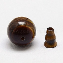 Natural Tiger Eye Buddhist Beads, 3 Hole Guru Beads, T-Drilled Beads, Grade AB, Buddha Jewelry Findings, Dark Goldenrod, Round: 14mm, Hole: 1.5~2mm, Cap: 8~10x6mm, hole: 1.5~2mm