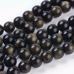 Chapelets de perles en obsidienne dorée naturelle, ronde, 10mm, Trou: 1mm, 19 pcs / chapelet, 8 pouce