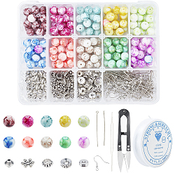 Ensembles de fabrication de boucles d'oreilles et de bracelets sunnyclue DIY, y compris les perles de verre peintes à la bombe, Crochets d'oreille en laiton, perles d'espacement en laiton et alliage, Fil cristal, fil élastique, ciseaux en acier et aiguilles à perles en fer, couleur mixte, perles de verre: 8 mm, Trou: 1.3mm, 200 pièces / kit