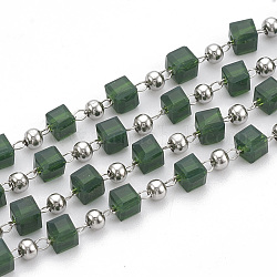 Handmade Glass Beaded Chains, Soldered, with Spool, 304 Stainless Steel Findings and Iron Beads, Cube, Stainless Steel Color, Dark Green, 3mm, about 32.8 Feet(10m)/roll