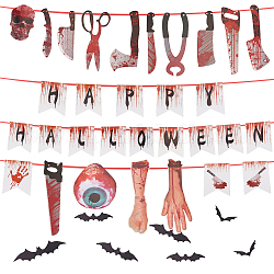 Bannière de joyeux halloween ahandmaker, bannière de guirlande sanglante d'halloween, accessoire de couteau d’Halloween, couteau de sang suspendu bannière de crâne de parties du corps cassées, fournitures de fête d'Halloween effrayantes décorations de maison hantée