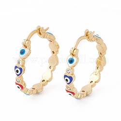 Colorful Heart with Evil Eye Enamel Hoop Earrings with Clear Cubic Zirconia, Brass Jewelry for Women, Lead Free & Cadmium Free, Real 18K Gold Plated, 24x25.5x4mm, Pin: 0.6mm