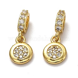 Brass Micro Pave Clear Cubic Zirconia European Dangle Charms, Large Hole Pendants, Long-Lasting Plated, Flat Round, Real 18K Gold Plated, 18mm, Flat Round: 10x7.5x2mm, Hole: 5x3mm