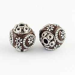 Round Handmade Indonesia Beads, with Alloy Cores, Antique Silver, Coconut Brown, 15x14mm, Hole: 2mm