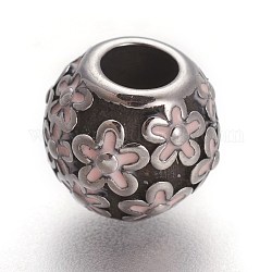 Retro 304 Stainless Steel European Beads, with Enamel, Large Hole Beads, Round with Flower, Antique Silver, Pink, 10mm, Hole: 4.5mm