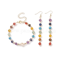 Natural & Synthetic Mixed Stone & Pearl Beaded Dangle Earrings & Bracelet, Brass Wire Wrap Jewelry for Women, 182mm, 95mm, Pin: 0.9mm