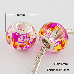 Spray Painted Glass European Beads, with Silver Brass Cores, Large Hole Beads, Rondelle, Magenta, 15x12mm, Hole: 5mm
