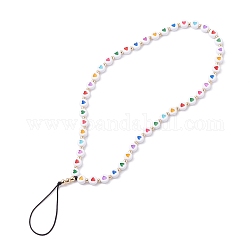 Opaque Acrylic Beads Mobile Straps, with Braided Nylon Thread and Brass Beads, Flat Round with Colorful Heart Pattern, Black, 25.5cm