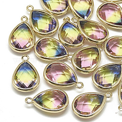 Glass Pendants, with Golden Tone Brass Findings, Faceted, teardrop, Champagne Yellow, 19x12x6mm, Hole: 1~1.5mm