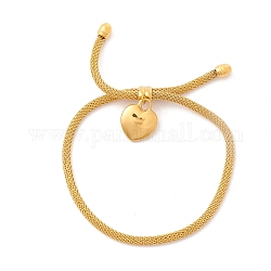 Vacuum Plating 304 Stainless Steel Heart Charm Slider Bracelet with Round Mesh Chain for Women, Golden, Inner Diameter: 3/8~3-1/8 inch(0.9~7.9cm)