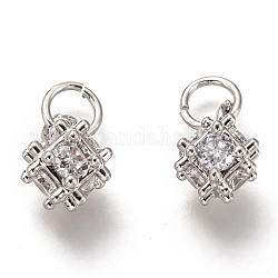 Brass Micro Pave Clear Cubic Zirconia Charms, Cadmium Free & Lead Free, Long-Lasting Plated, Rhombus, Platinum, 10x7x7.5mm, Hole: 3mm