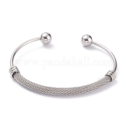 304 Stainless Steel Torque Bangles, Mesh Bangles, with Round Immovable Beads, Stainless Steel Color, 2-1/2x1-7/8 inch(6.3x4.8cm)