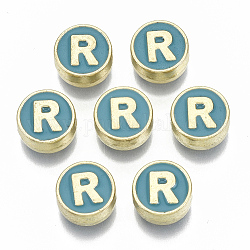 Alloy Enamel Beads, Cadmium Free & Nickel Free & Lead Free, Flat Round with Initial Letters, Light Gold, Letter.R, 8x4mm, Hole: 1.5mm