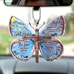 Colorido mariposa fe jesús cruz acrílico colgante decoración, para el adorno colgante del espejo retrovisor del coche, 294mm, colgante: 67x80x4 mm