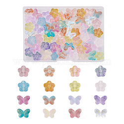 80pcs 16 perles de verre transparentes de style, fleur de prunier et papillon, couleur mixte, 10~12.5x13~14x5.5mm, Trou: 1~1.2mm, 5 pièces / style